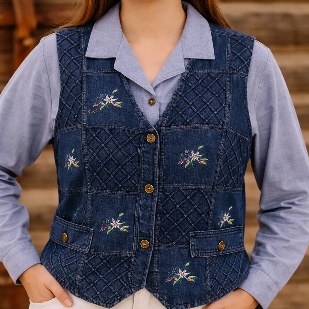 Vintage Alfred Dunner Denim Vest 1X Quilt Embroider Floral Cottagecore Grandpa